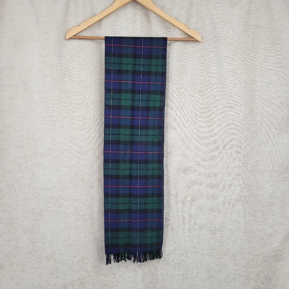 Vintage Wool Tartan Plaid Navy Blue and Green Scarf with Short Fringe